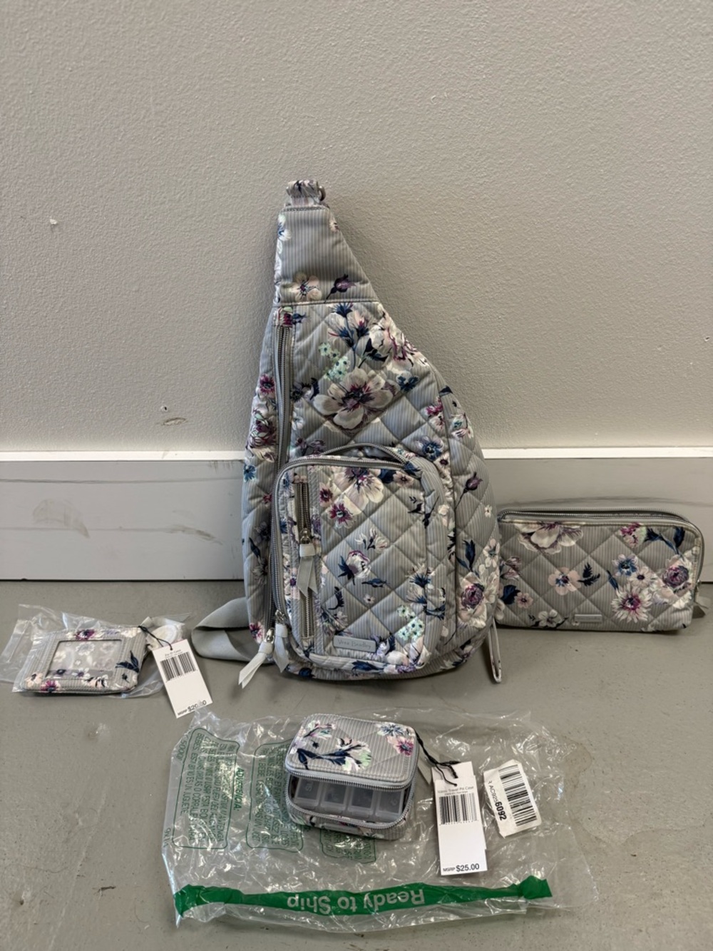 Vera Bradley Light Gray Quilted Floral sling backpack, wallet, pill & card case